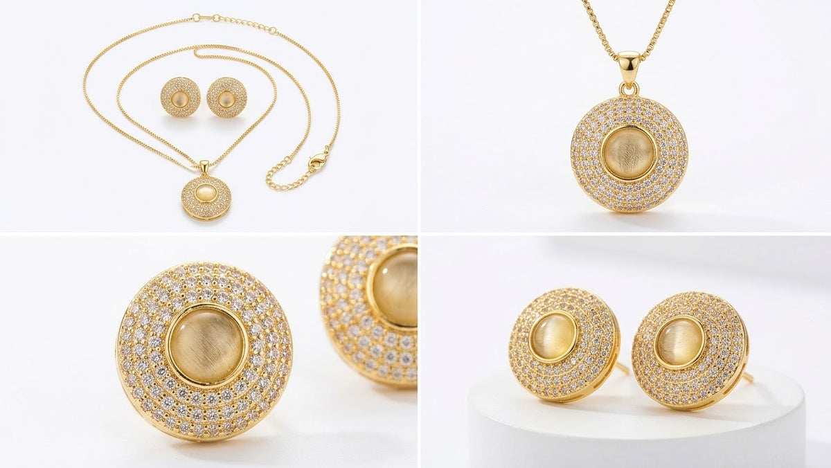 Gold Moonstone Halo Necklace & Earrings Set