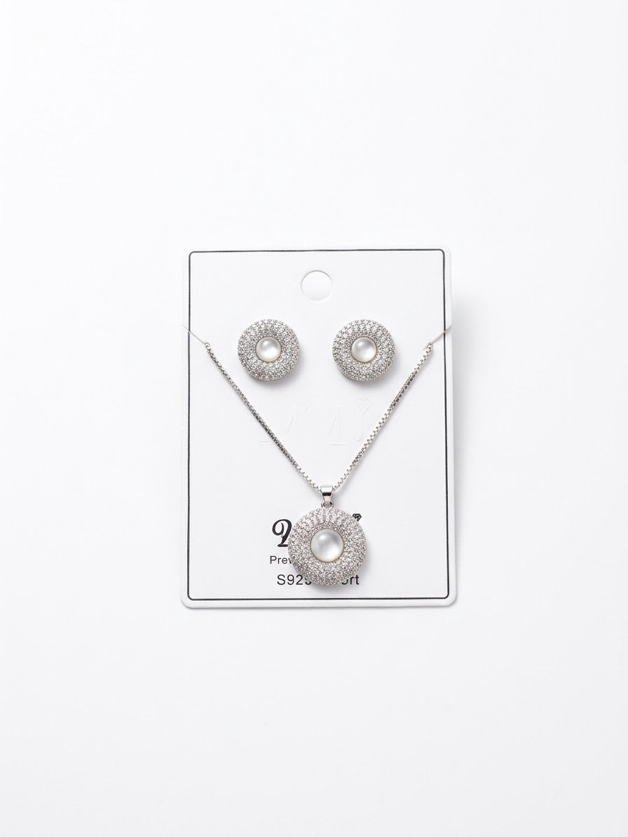 Silver Moonstone Halo Necklace & Earrings Set