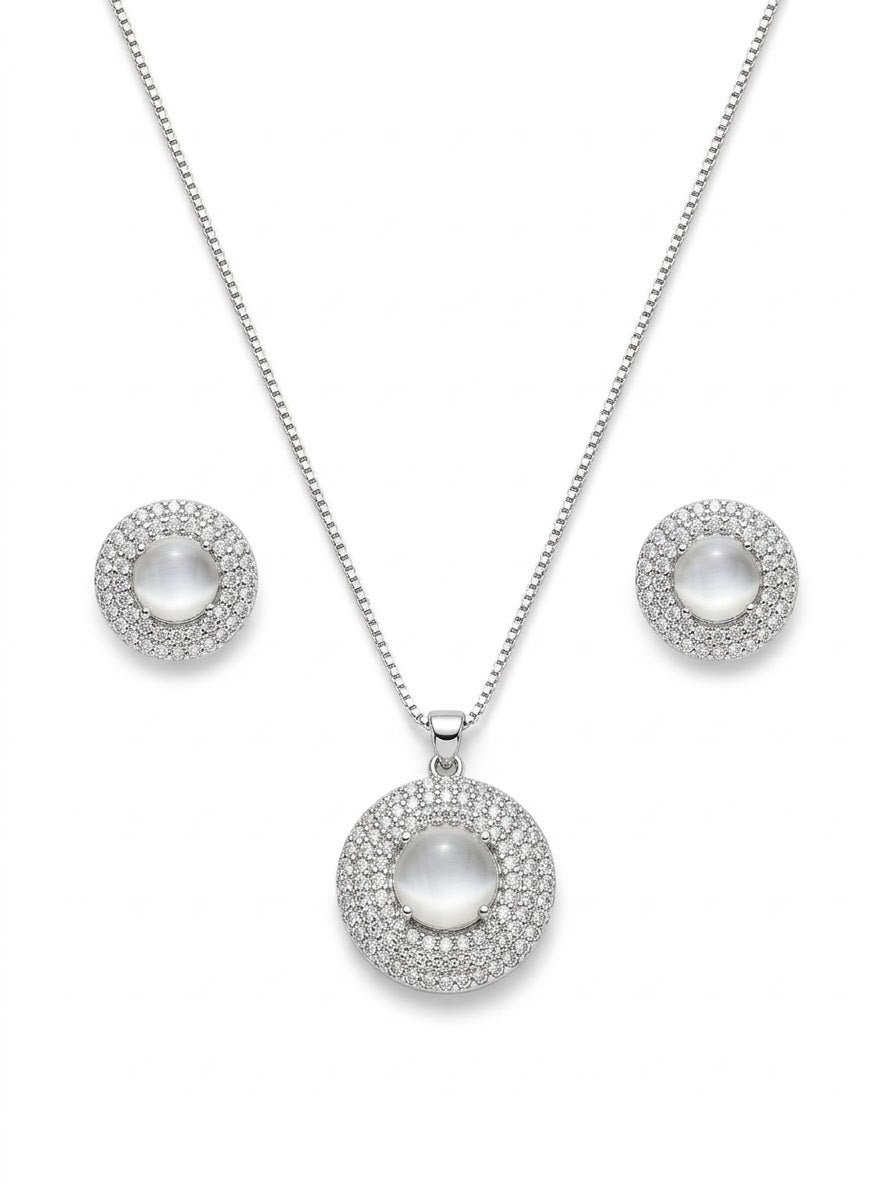 Silver Moonstone Halo Necklace & Earrings Set
