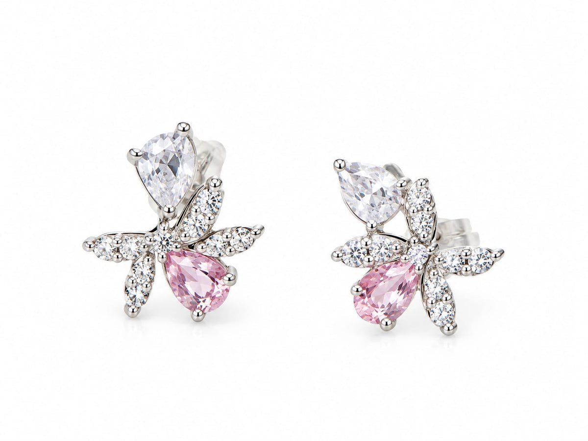 Pink Crystal Butterfly Stud Earrings – Elegant Silver-Tone Jewelry