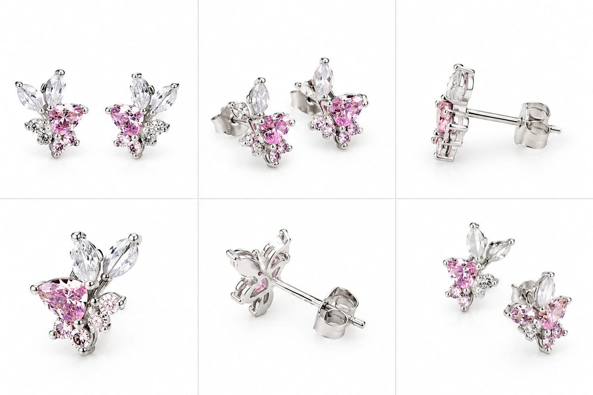 Pink Crystal Butterfly Stud Earrings – Elegant Silver-Tone Jewelry