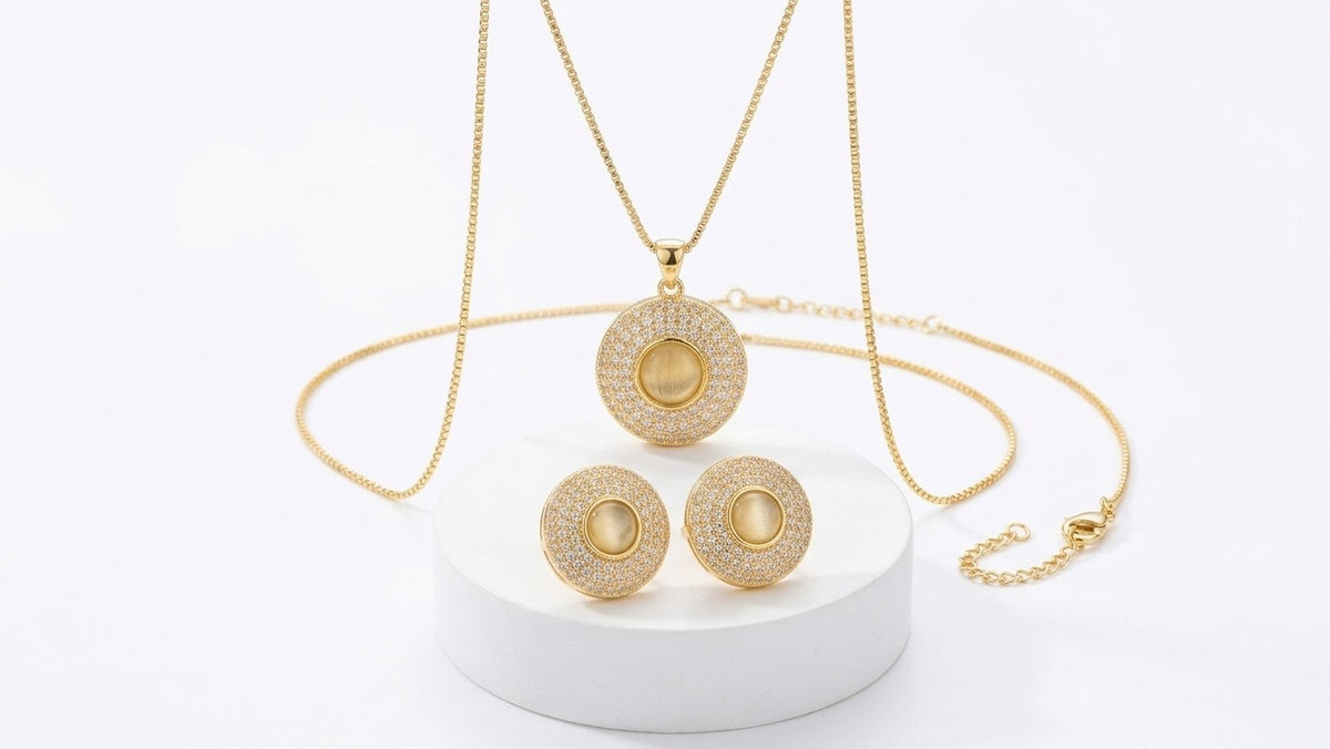 Gold Moonstone Halo Necklace & Earrings Set